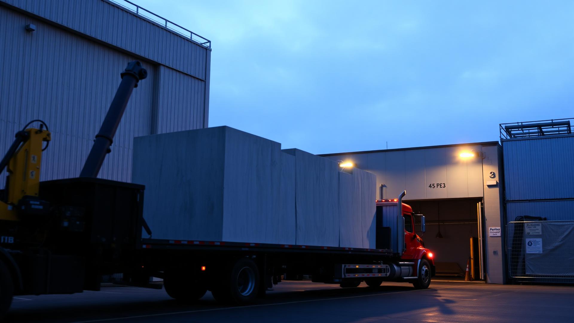 Flatbed truck loading a precast concrete structure at the plant