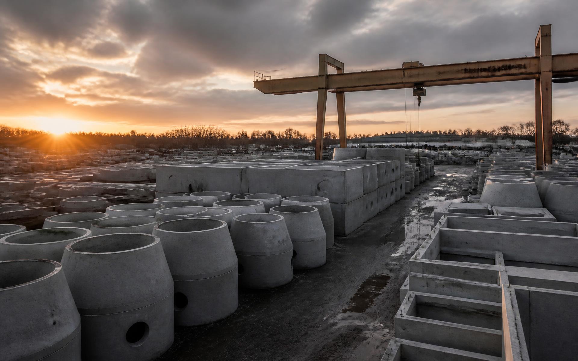 Precast concrete manhole barrels and catch basins stacked in the Grand Valley Concrete yard at sunset