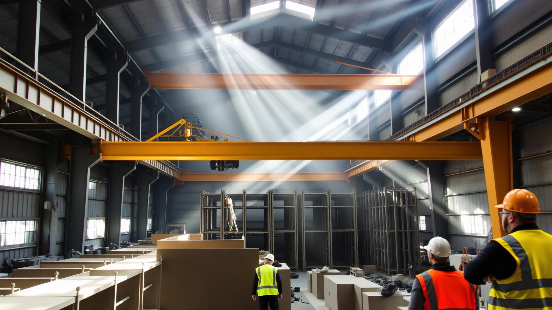 Interior of the precast plant with overhead crane and steel forms