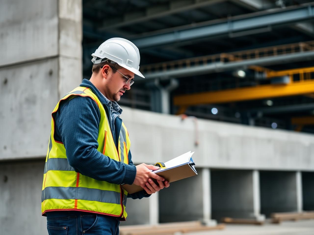 Plant worker inspecting a precast structure with a clipboard