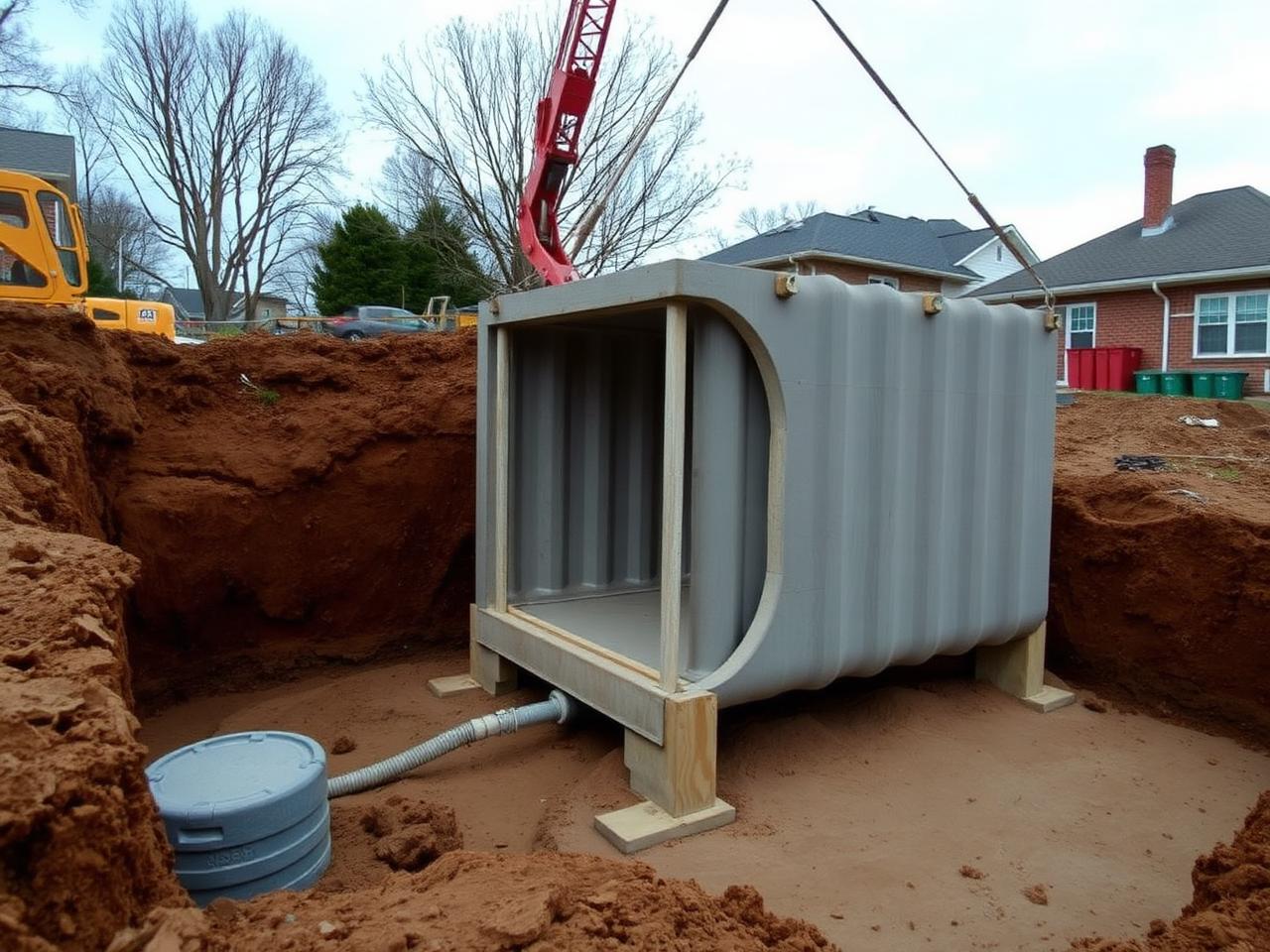Precast concrete septic tank being set into an excavation